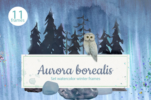Aurora Borealis. Set Watercolor Frames