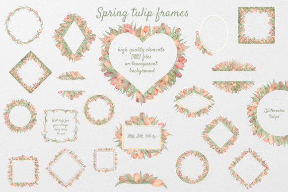 Set of 22 Tulip Watercolor Frames for Creative Projects and Digital Content