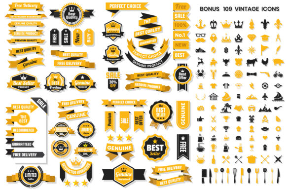 Vintage Badge Objects Vector Set Black and Gold
